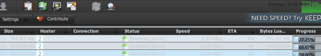 Keep2Share Premium Geschwindigkeitstest in JDownloader 2