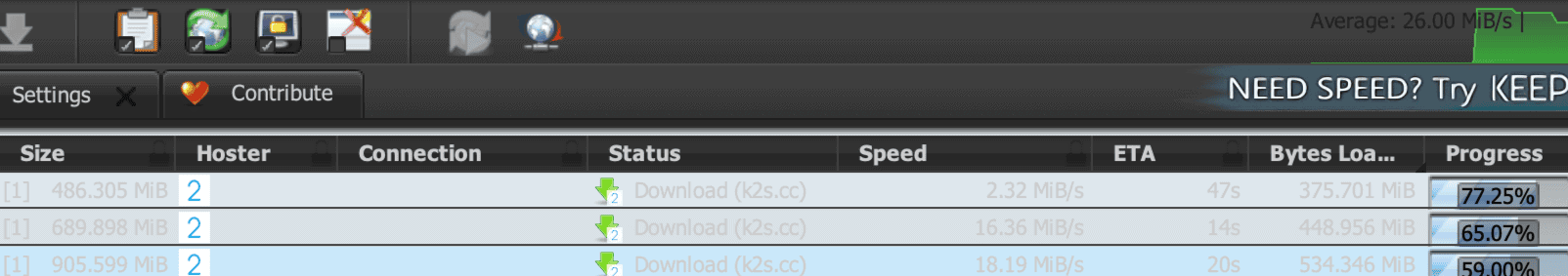 Keep2Share Premium download speed test in JDownloader 2